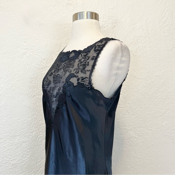 Vintage Slip Dress Black Satin Mesh Embroidered Goth Gothic Whimsigoth Small S - Picture 6 of 14